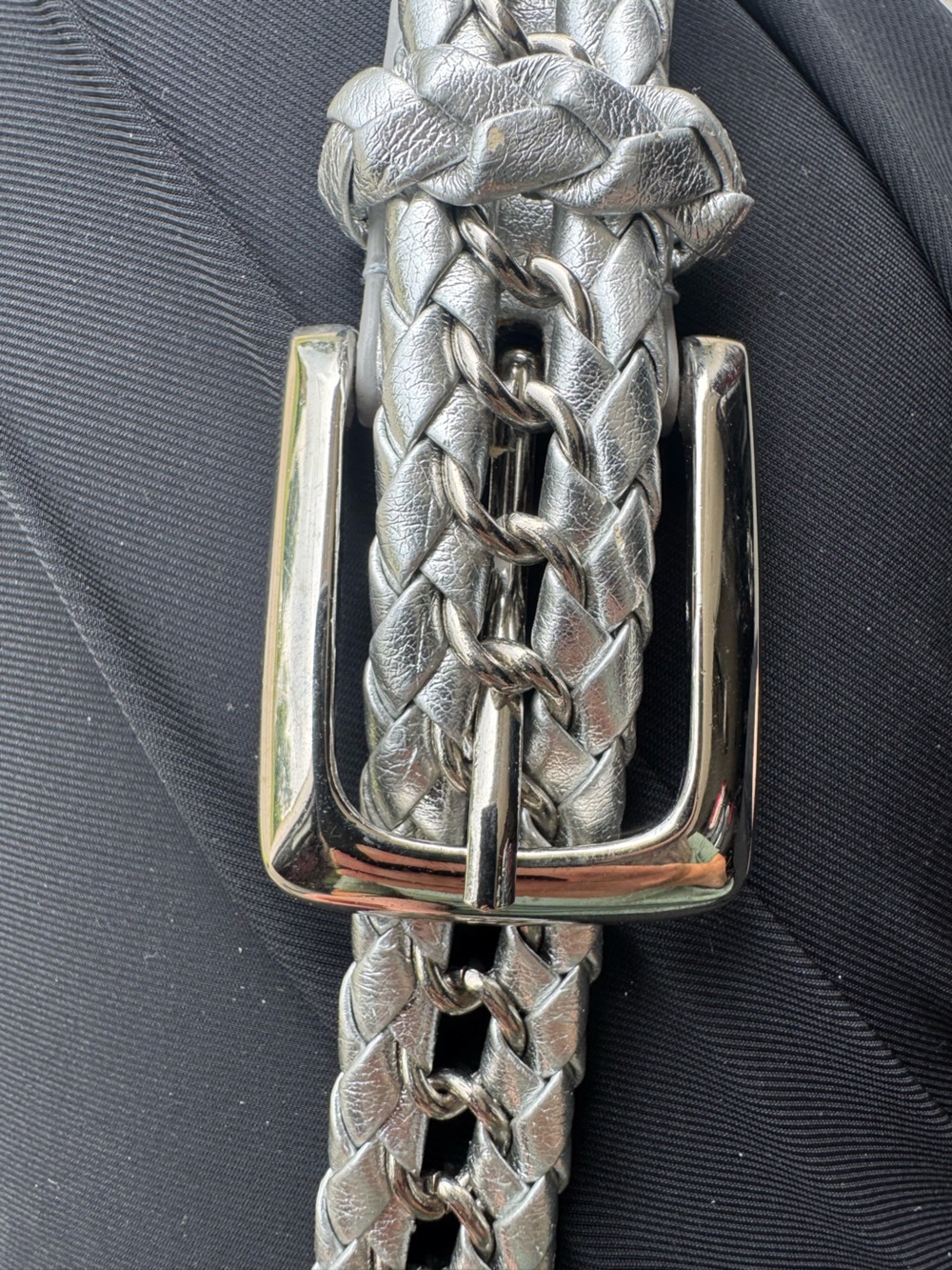 Vintage Women’s Silver Braided Belt with Polished Silver Buckle 41” Metallic 80s